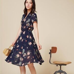 Reformation Marigold Navy Dress with Floral Design Sheer Outer Layered Sz 0